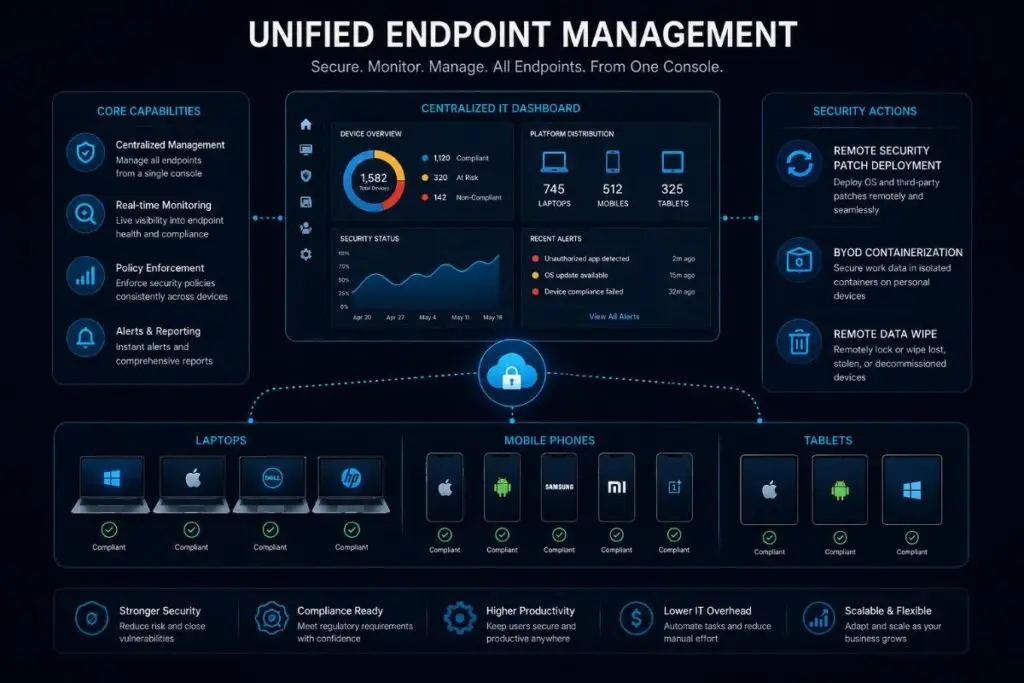 Centralized UEM console monitoring secure corporate endpoint devices and mobile fleets.